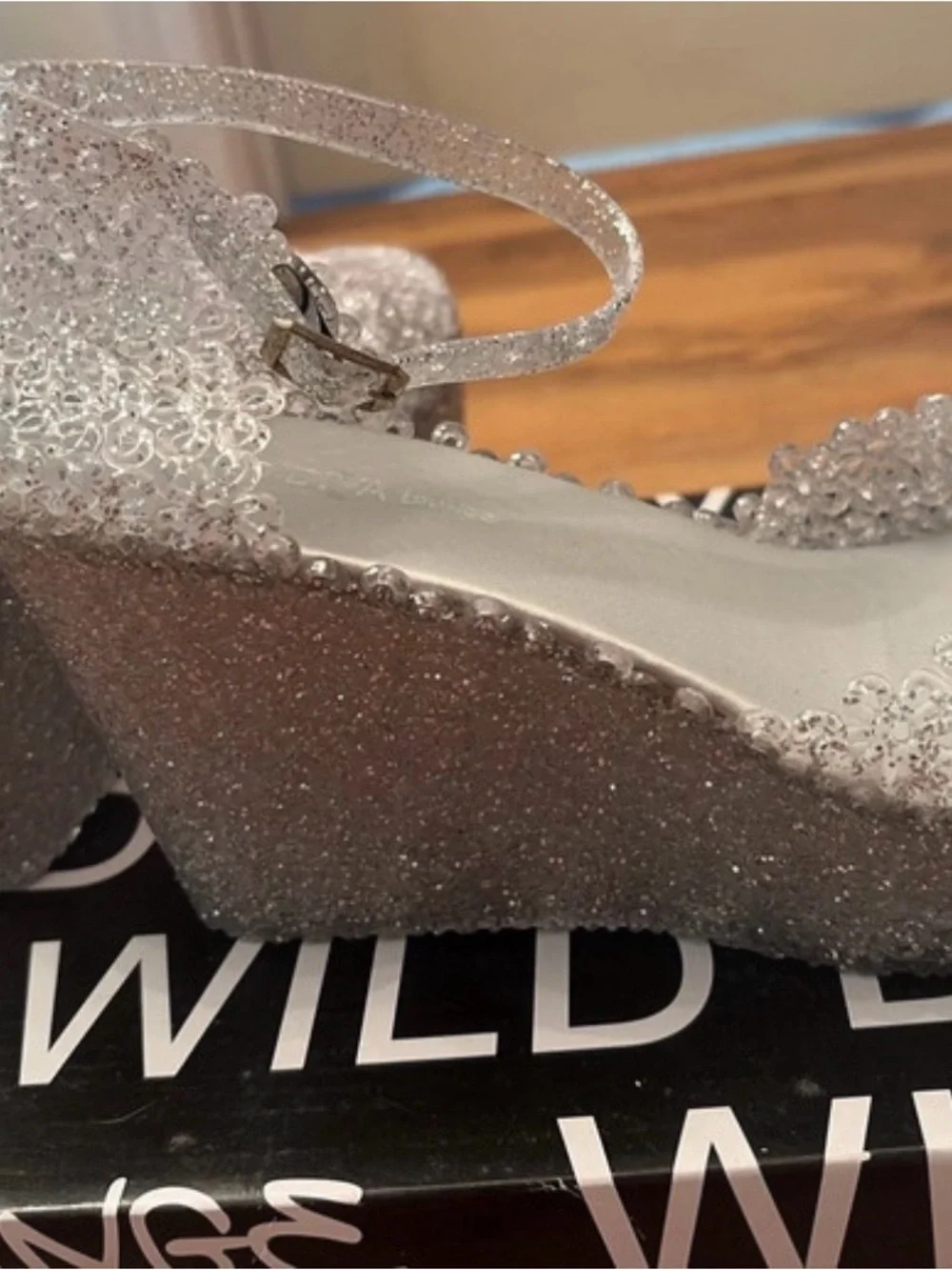 DIVA Lounge Sparkling Silver Glitter Wedge Sandals with Ankle Strap